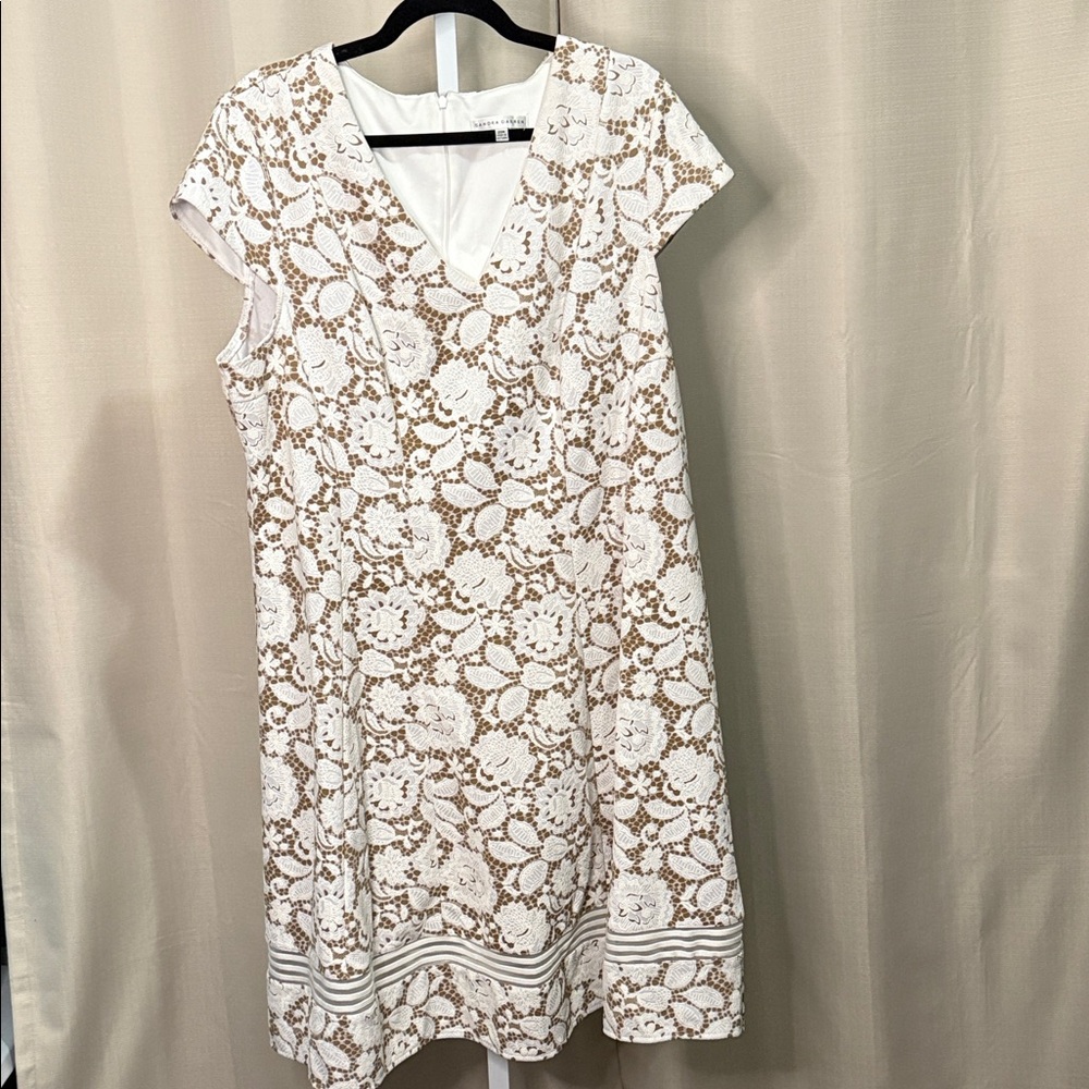 White Lace A-Line Dress with Tan Underlay - Women